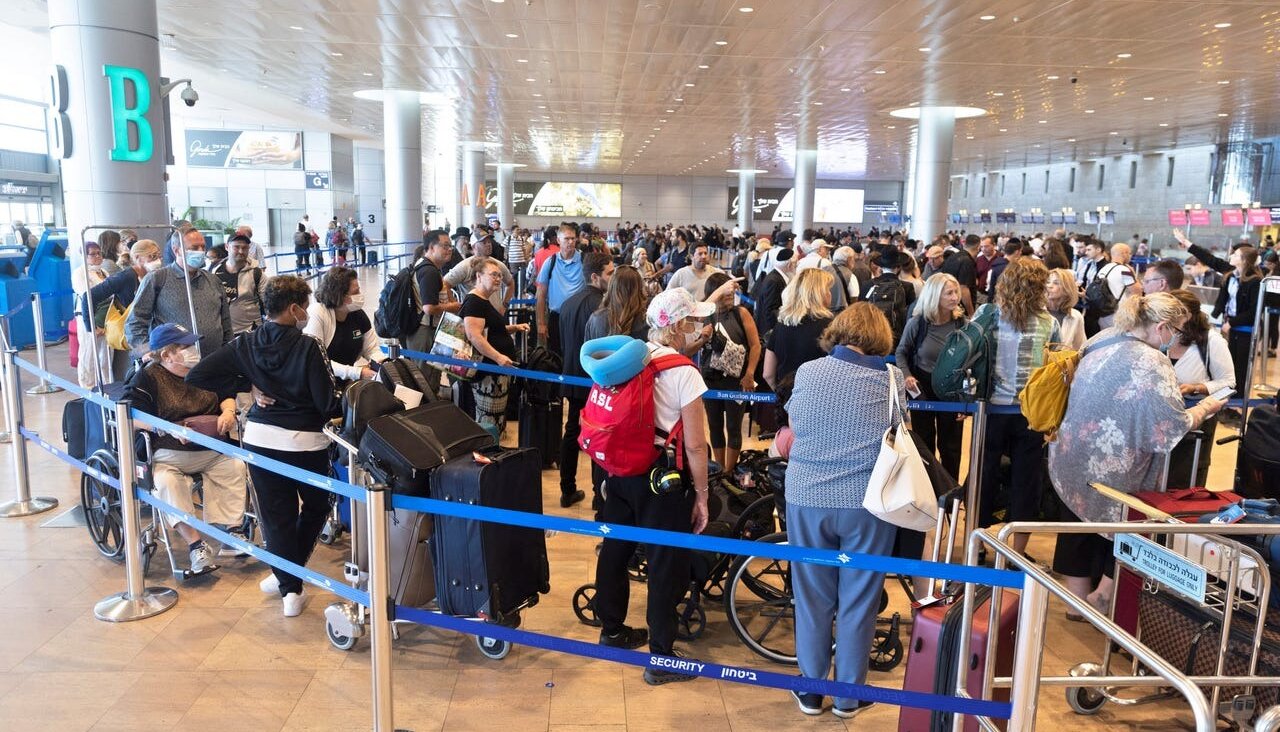 Passengers in the departure hall at Ben-Gurion Airport in 2023.