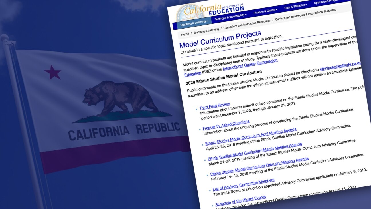 A schedule of events related to California’s Ethnic Studies Model Curriculum with the state flag in the background. (JTA montage)