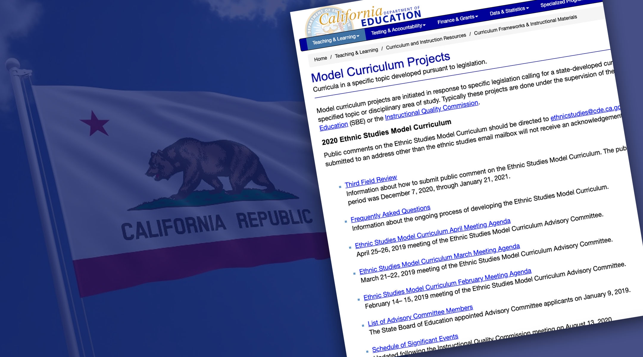 A schedule of events related to California’s Ethnic Studies Model Curriculum with the state flag in the background. (JTA montage)