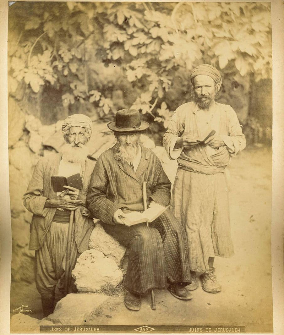 Sephardic, Ashkenazi, and Mizrahi men in Jerusalem, c. 1900. 