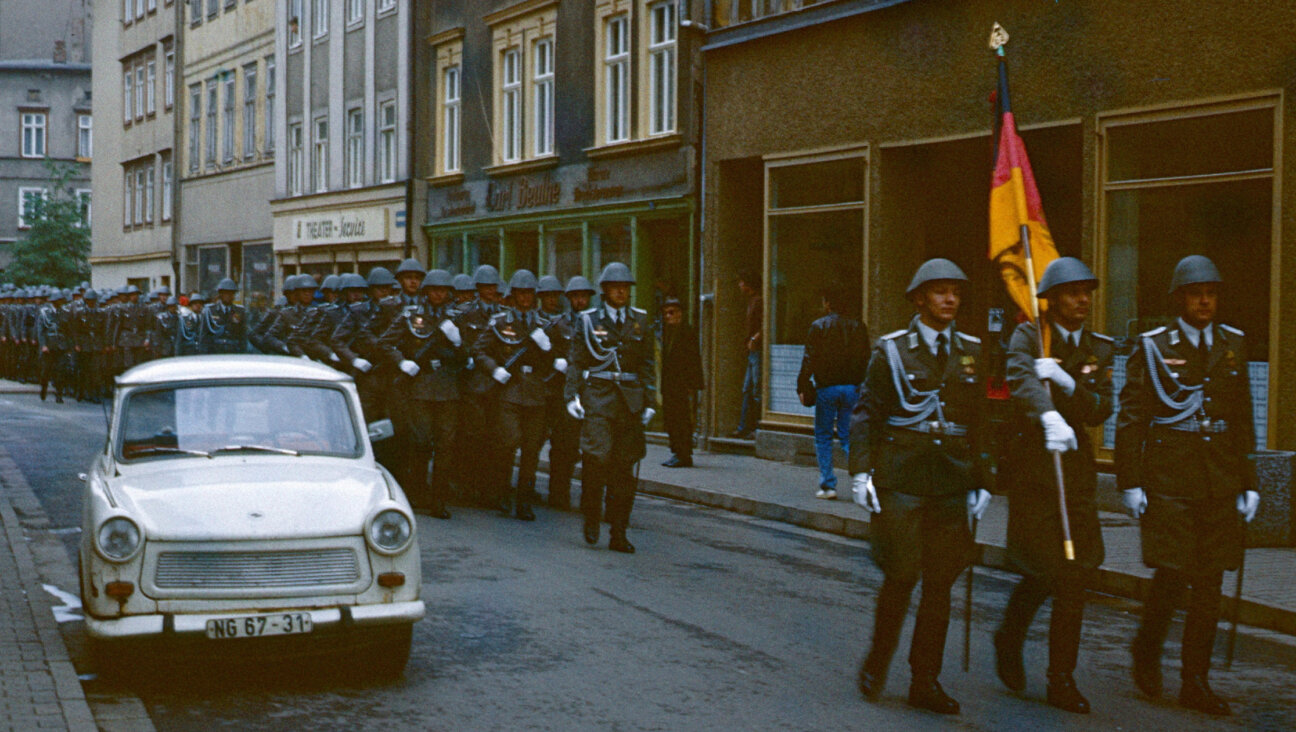 East German soldiers march through the state of Thuringia five years after East Germany gained admission to the United Nations. 