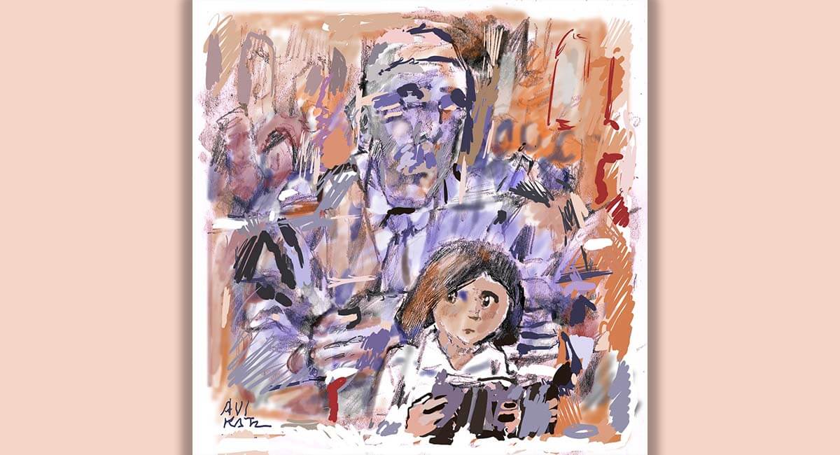 An illustration of the author saying kaddish in shul, with her abusive father's presence looming in the background