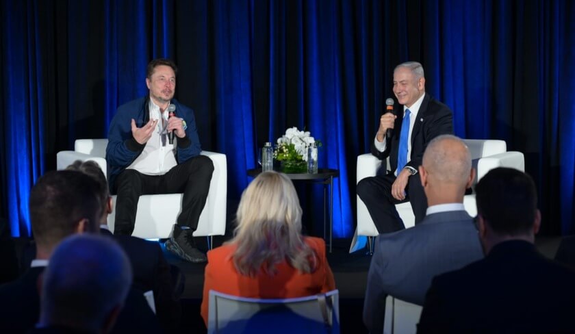 Prime Minister Benjamin Netanyahu and Elon Musk speak at an event in Silicon Valley on Sep. 18, 2023.