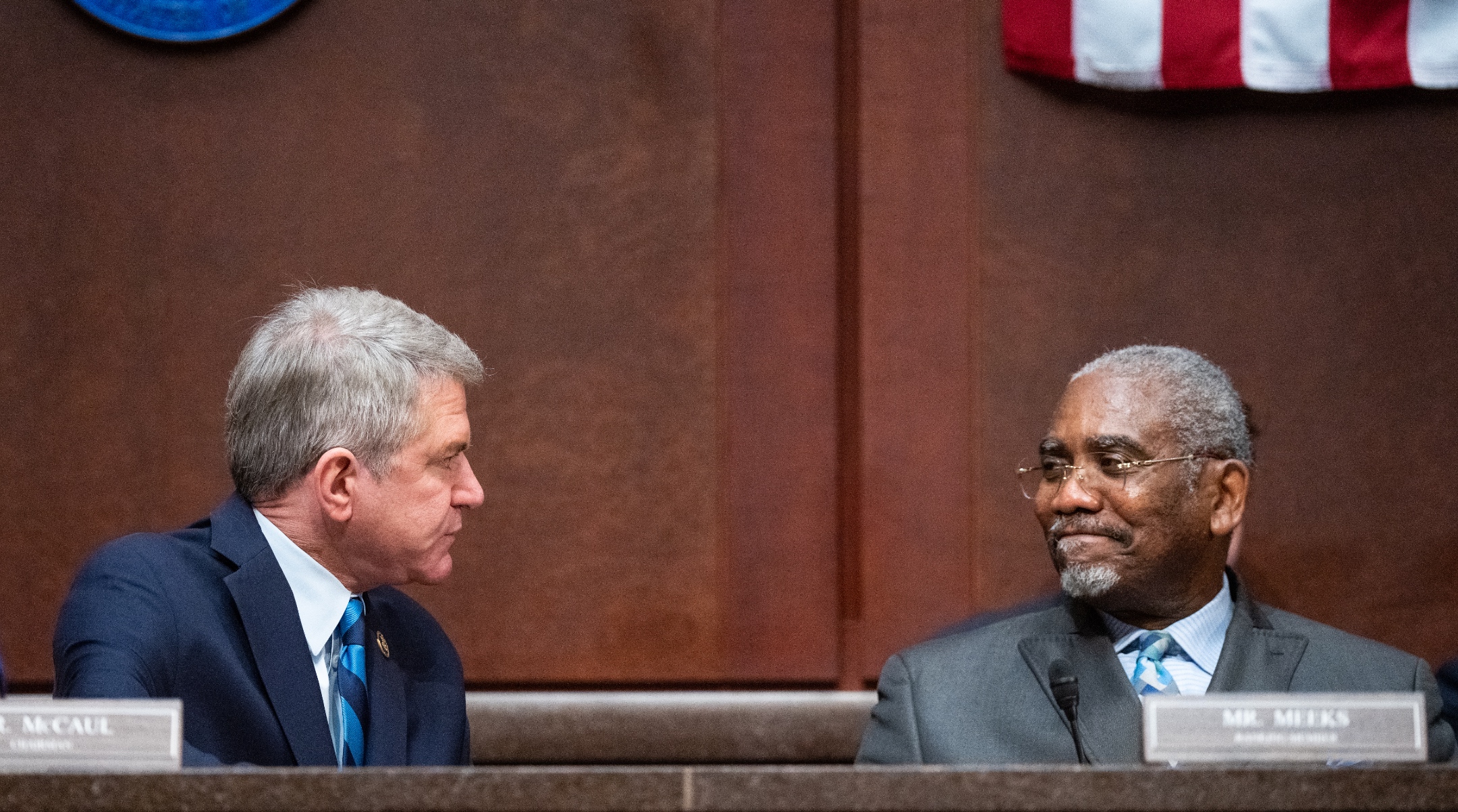 Chairman Michael McCaul, a Texas Republican, left, and ranking member Gregory Meeks, a New York Democrat (right), talk before the House Foreign Affairs Committee markup hearing in the Capitol Visitor Center, March 24, 2023. (Bill Clark/CQ-Roll Call, Inc via Getty Images)