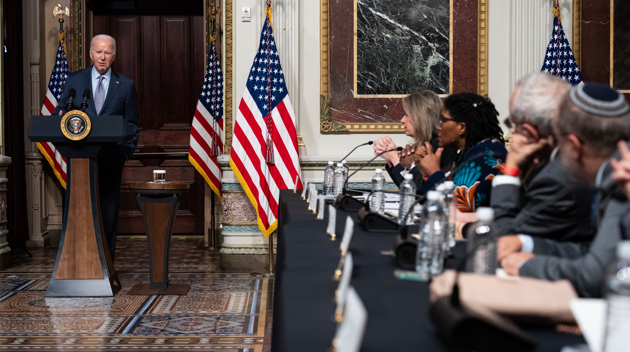U.S. President Joe Biden speaks during a roundtable with Jewish community leaders in the Indian Treaty Room of the Eisenhower Executive Office Building, next to the White House, Oct. 11, 2023. (Drew Angerer/Getty Images)