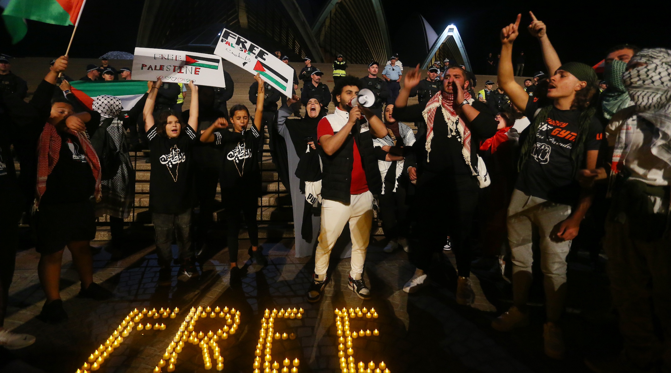 Pro-Palestinian protesters rally outside the Sydney Opera House, Oct. 9, 2023. (Lisa Maree Williams/Getty Images)