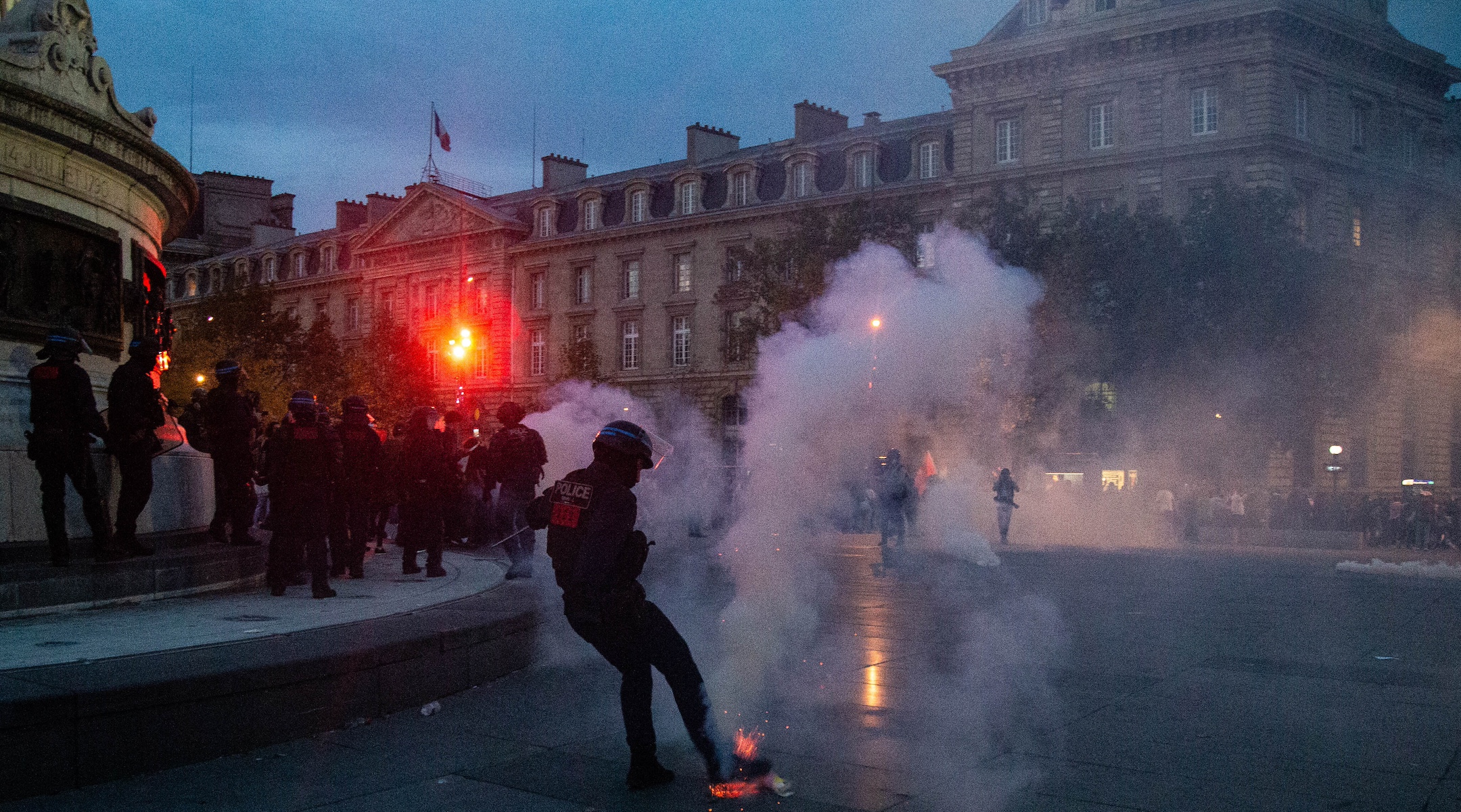 French riot police use tear gas to disperse demonstrators during a pro-Palestinian rally at the Place de la Republique square in Paris, Oct. 12, 2023. (Ibrahim Ezzat/Anadolu via Getty Images)