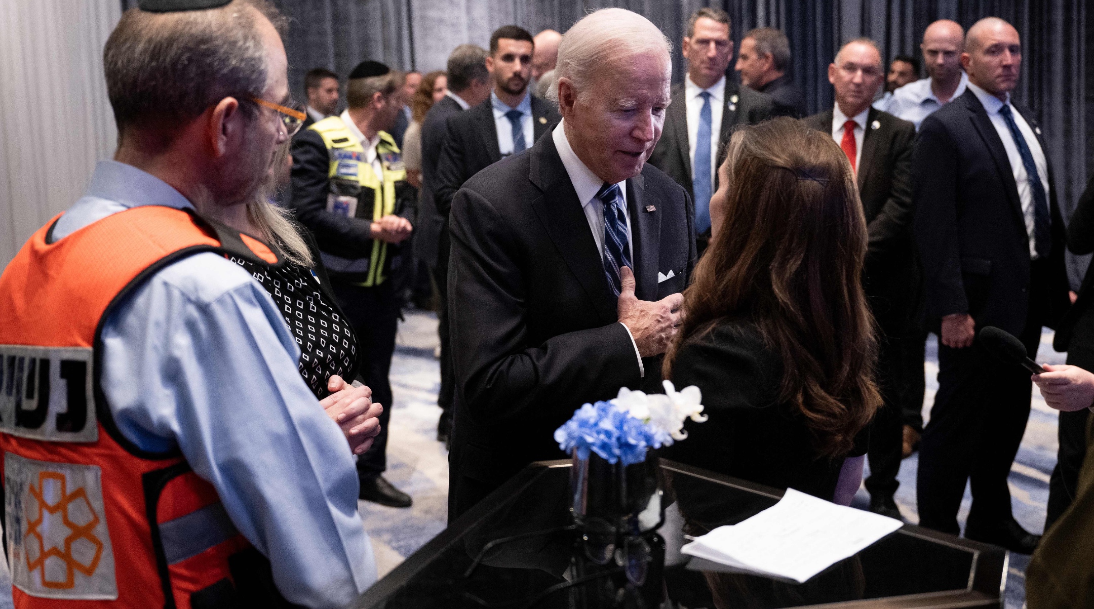 U.S. President Joe Biden meets with people affected by this month’s attacks by the terrorist group Hamas on Israel, in Tel Aviv, Oct. 18, 2023. (Brendan Smialowski/AFP via Getty Images)