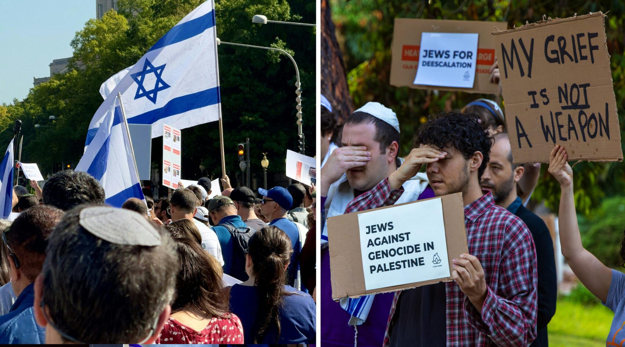 At left, supporters of Israel rally near the US Capitol in Washington, DC on Oct.13, 2023; at right, members of the left-wing Jewish advocacy group IfNotNow cover their eyes while offering Jewish prayer at a protest outside the Los Angeles home of Vice President Kamala Harris, Oct. 19, 2023. (Daniel Slim/AFP via Getty Images/Irfan Khan/Los Angeles Times via Getty Images)