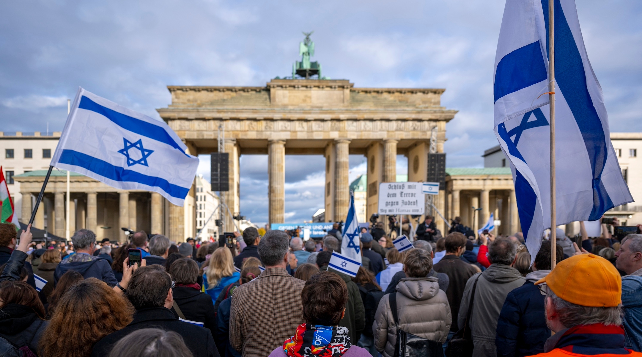 Thousands of demonstrators gather with Israeli flags in front of the Brandenburg Gate in Berlin, Oct. 22, 2023. (Monika Skolimowska/picture alliance via Getty Images)
