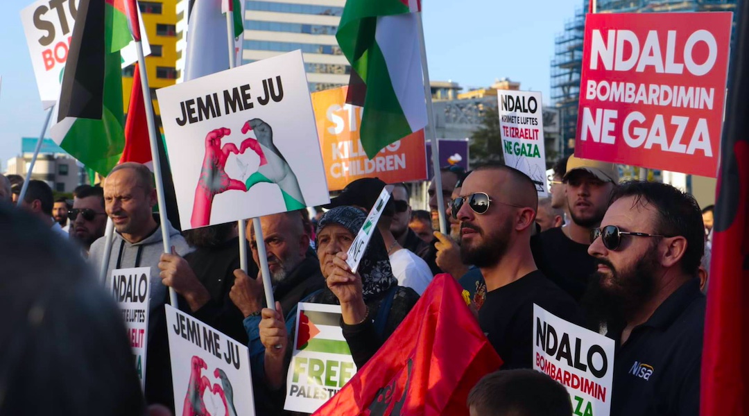 Pro-Palestinian activists protest Israel at a rally at Skanderbeg Square in downtown Tirana, Albania, Oct. 20. (Courtesy of Diana Mjeshtri)