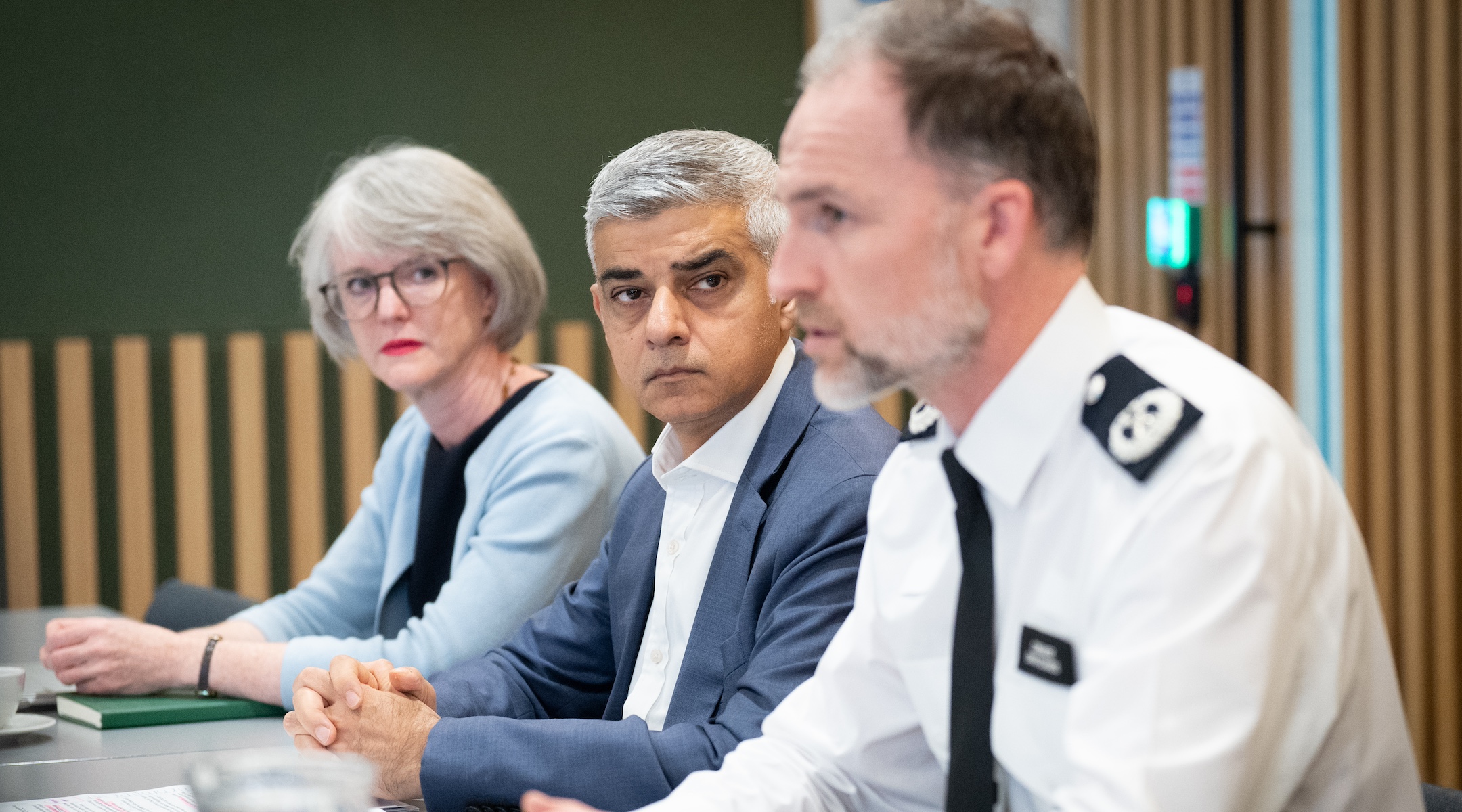 London Mayor Sadiq Khan, center, holds a roundtable with Jewish and Muslim faith leaders and police officials at London City Hall, Oct. 20, 2023. (Stefan Rousseau/PA Images via Getty Images)