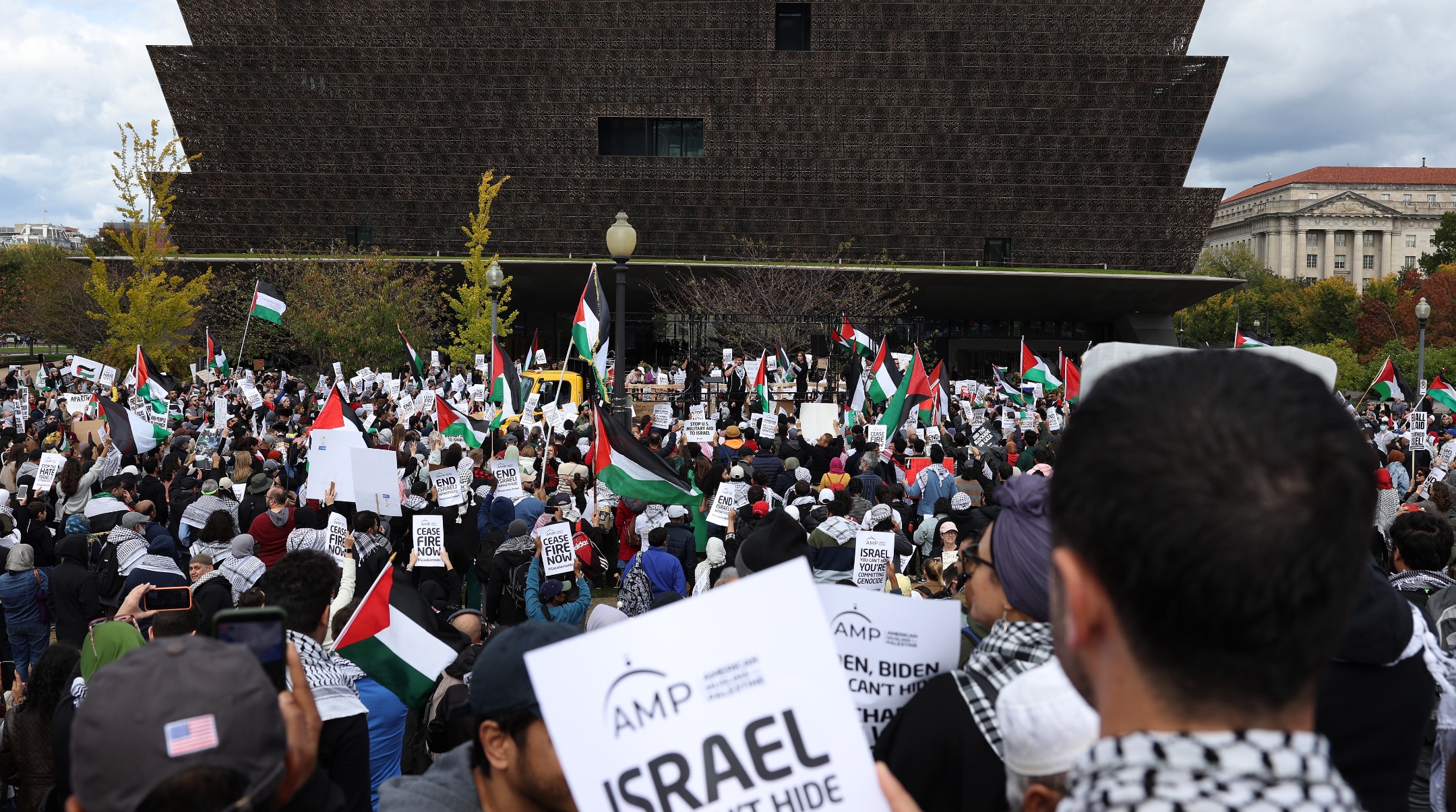 Pro-Palestinian protesters gather in a park near the Washington Monument during a demonstration calling for a ceasefire in Gaza, Oct. 21, 2023. (Justin Sullivan/Getty Images)