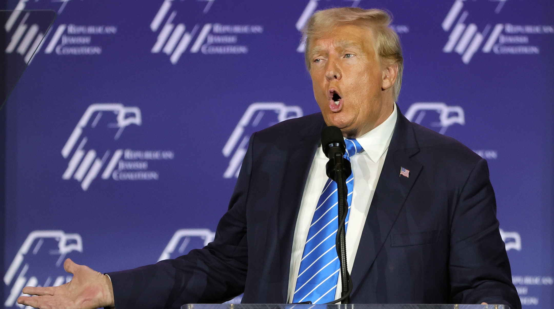 Republican presidential candidate former U.S. President Donald Trump speaks during the Republican Jewish Coalition’s Annual Leadership Summit at The Venetian Resort Las Vegas, Oct. 28, 2023. (Ethan Miller/Getty Images)