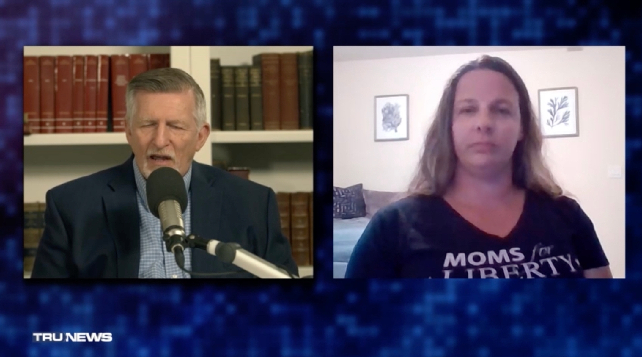 Moms For Liberty local chair Jen Pippen (right) appeared on an episode of “TruNews,” hosted by the antisemitic conspiracy theorist Rick Wiles (left), months after successfully pushing her school to ban a graphic adaptation of Anne Frank’s diary, September 2023. (Screenshot via Rumble)