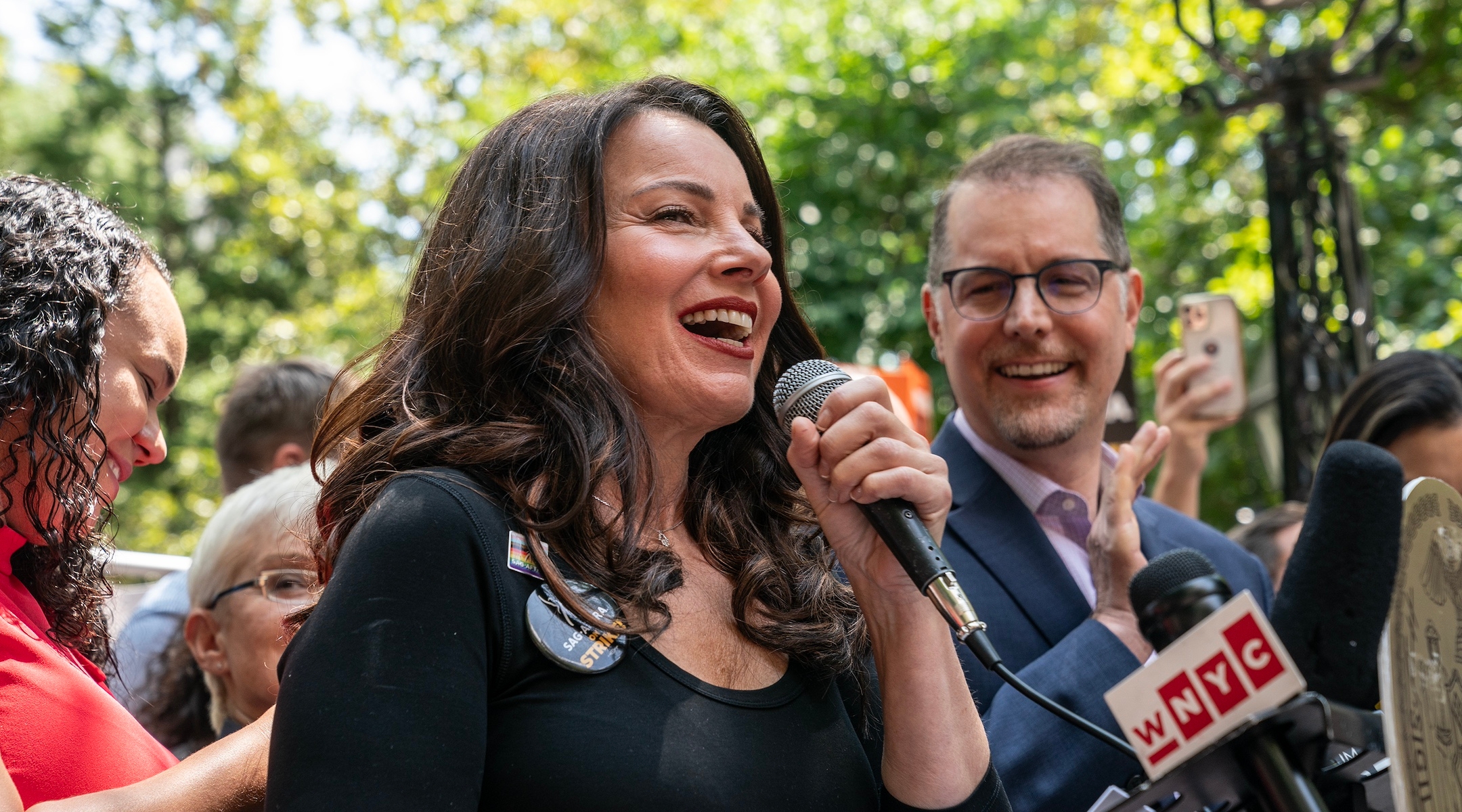 Fran Drescher speaks along with Manhattan Borough President Mark Levine at a SAG-AFTRA rally in New York City, Aug. 1, 2023. (Lev Radin/Pacific Press/LightRocket via Getty Images)