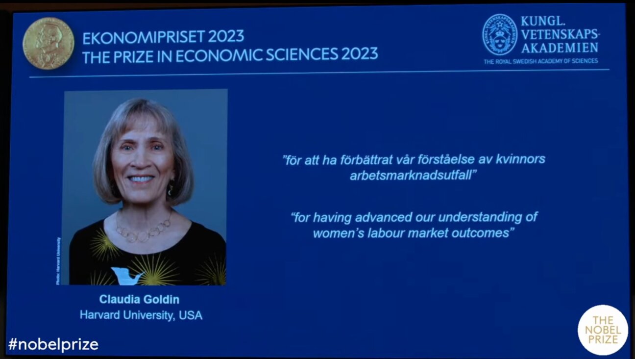 A screenshot from the Nobel Economics Prize press conference announcing the 2023 winner, Claudia Goldin. The press conference was in Stockholm, Oct. 9, 2023. (The Nobel Prize)
