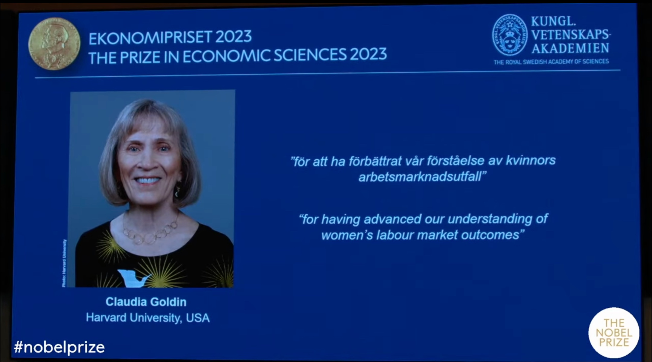 A screenshot from the Nobel Economics Prize press conference announcing the 2023 winner, Claudia Goldin. The press conference was in Stockholm, Oct. 9, 2023. (The Nobel Prize)
