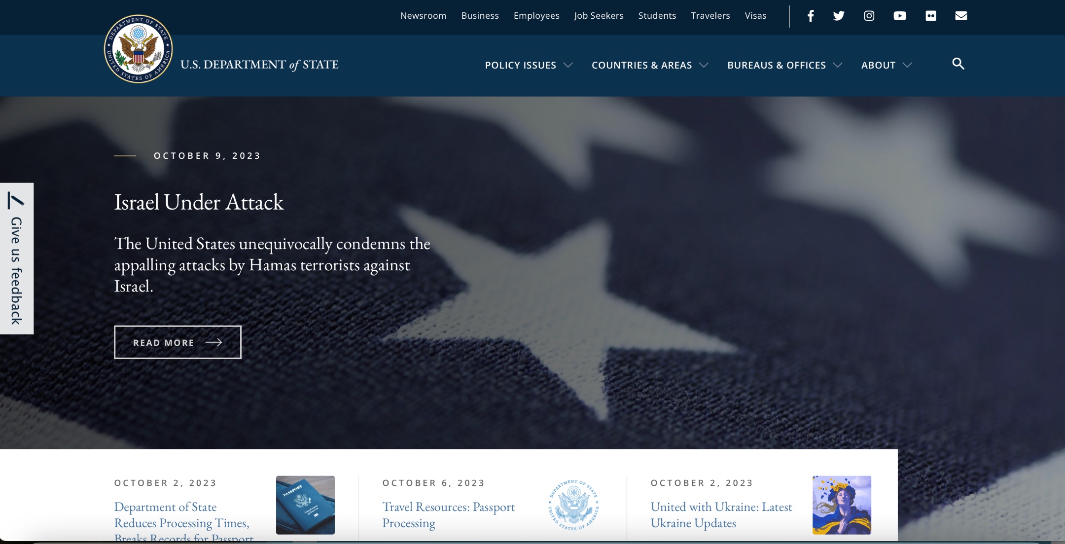 The front page of the State Department website on Oct. 9, 2023. (Screenshot)