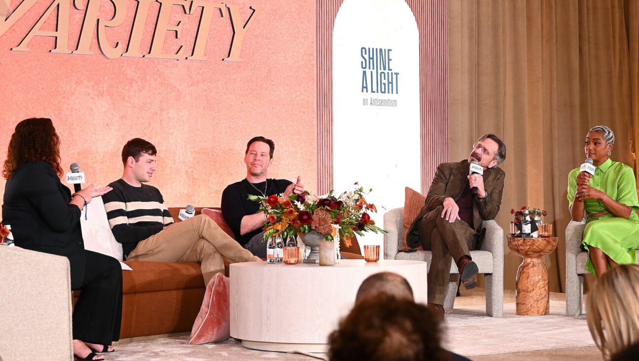 From left to right: Variety contributor Malina Saval, Alex Edelman, Ike Barinholtz, Marc Maron and Tiffany Haddish speak onstage during the Variety Hollywood & Antisemitism Summit in West Hollywood, California, Oct. 18, 2023. (Araya Doheny/Variety via Getty Images)