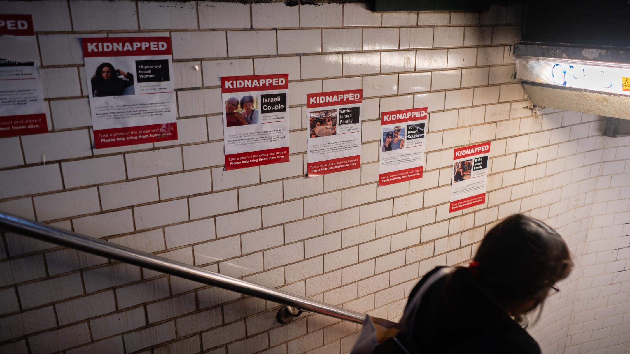 Posters of Israeli hostages in New York City’s Union Square subway station, October 16, 2023. (Luke Tress)
