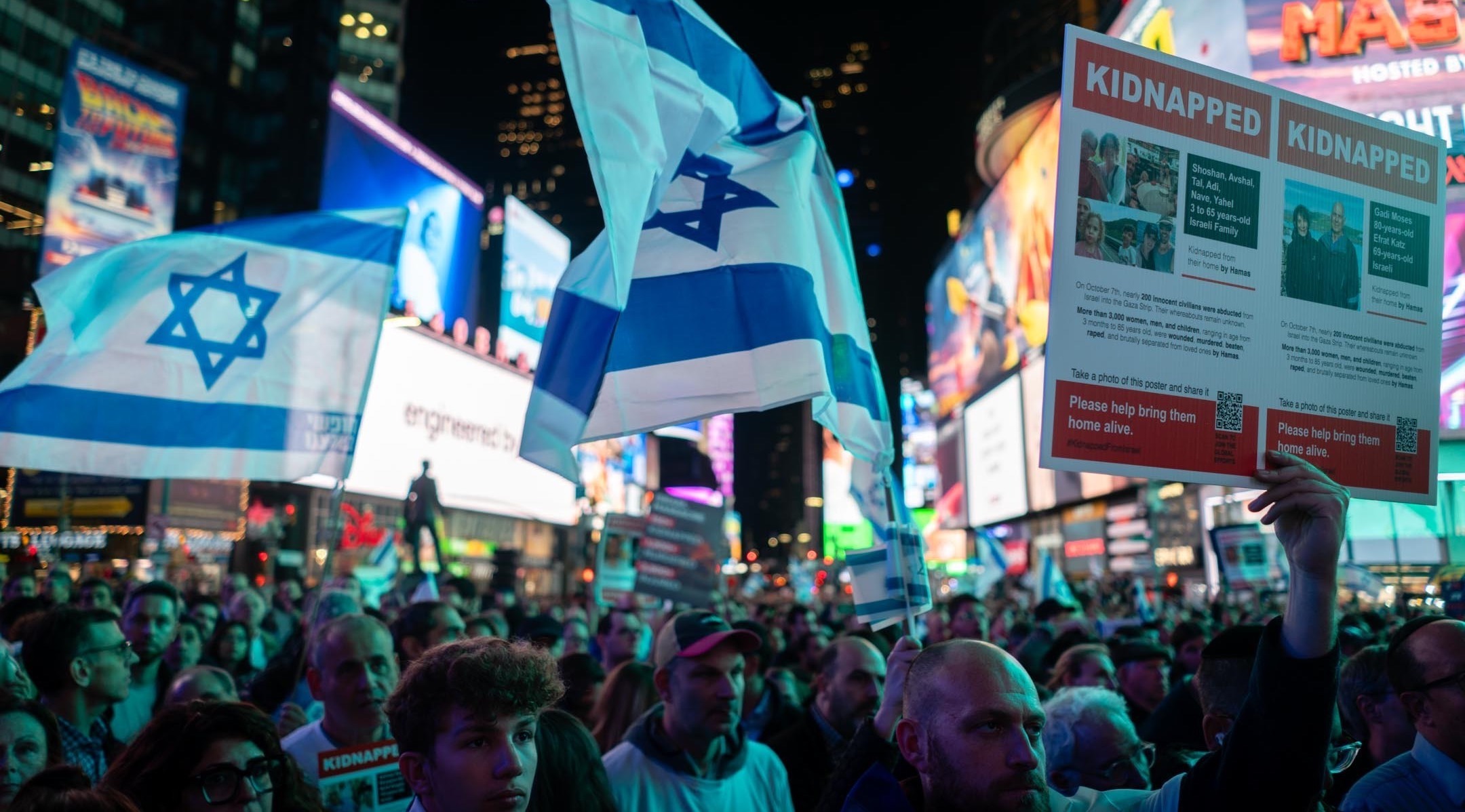 In Times Square, thousands of Israel supporters demand the release of hostages held by Hamas on Oct. 19, 2023. (Luke Tress)