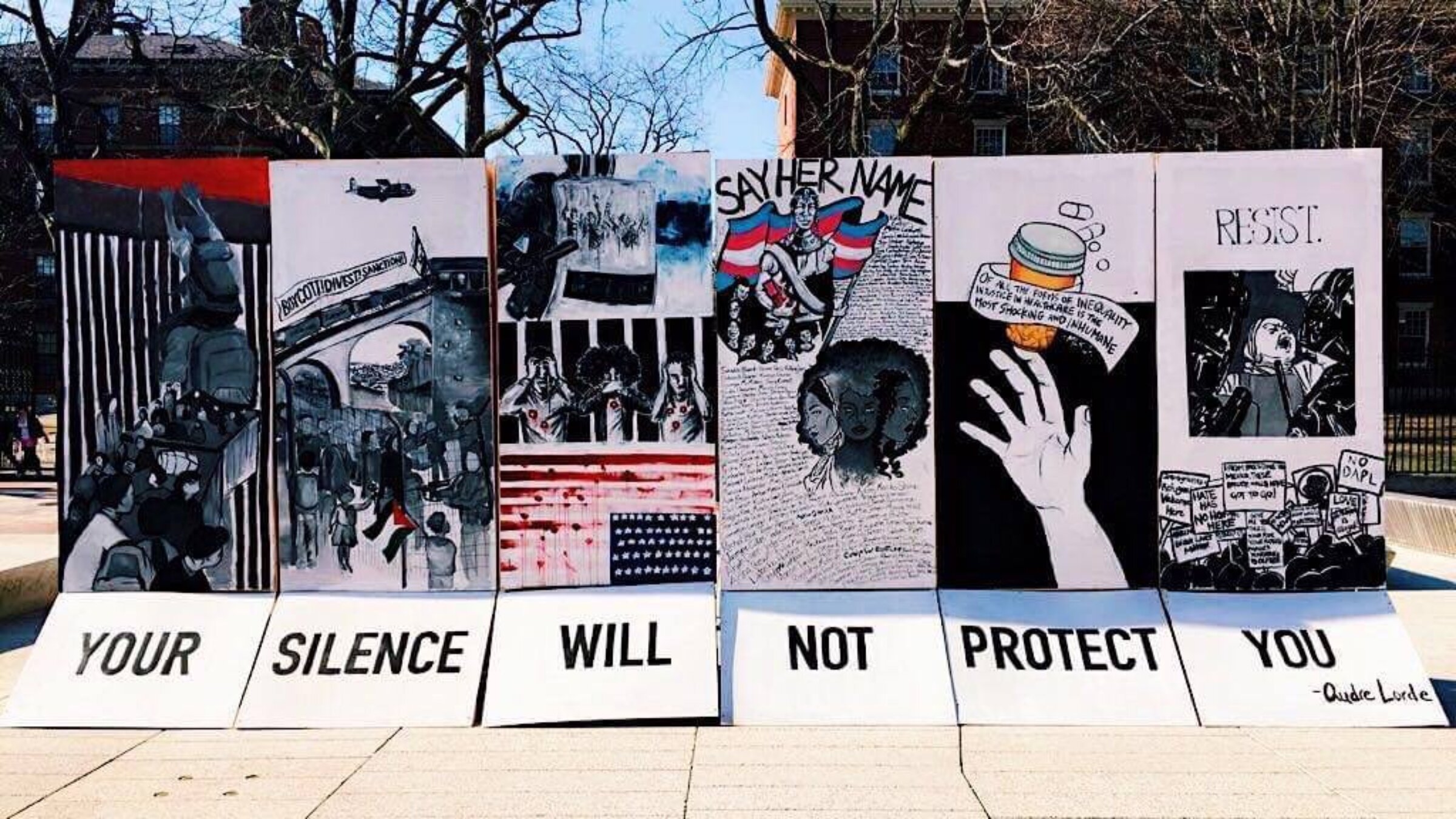 A display of anti-Israel posters by students at Harvard.
