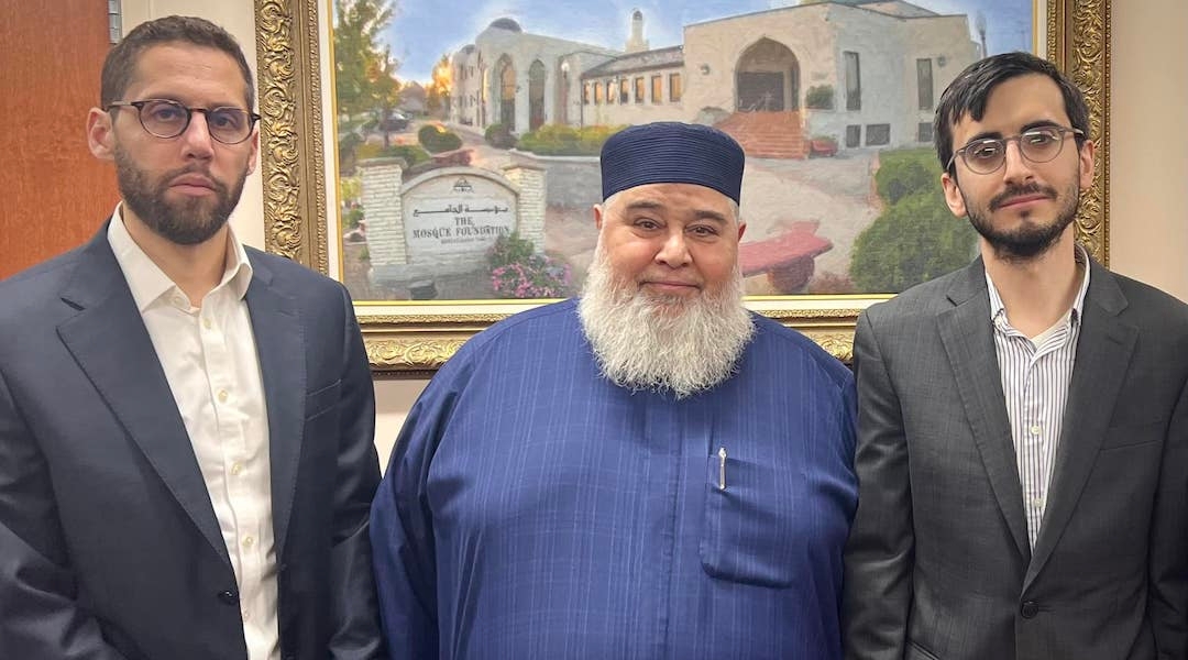 Rabbis Ari Hart (left) and Hody Nemes (right) with the imam of the mosque where 6-year-old Wadea al-Fayoume’s funeral was held. (Courtesy of Ari Hart)