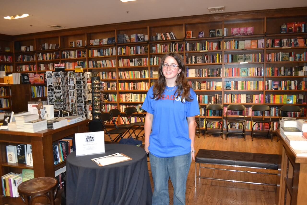 Iris Mogul poses for a photo while leading the first meeting of the Banned Books Club at Books & Books bookstore in Coral Gables, Florida.