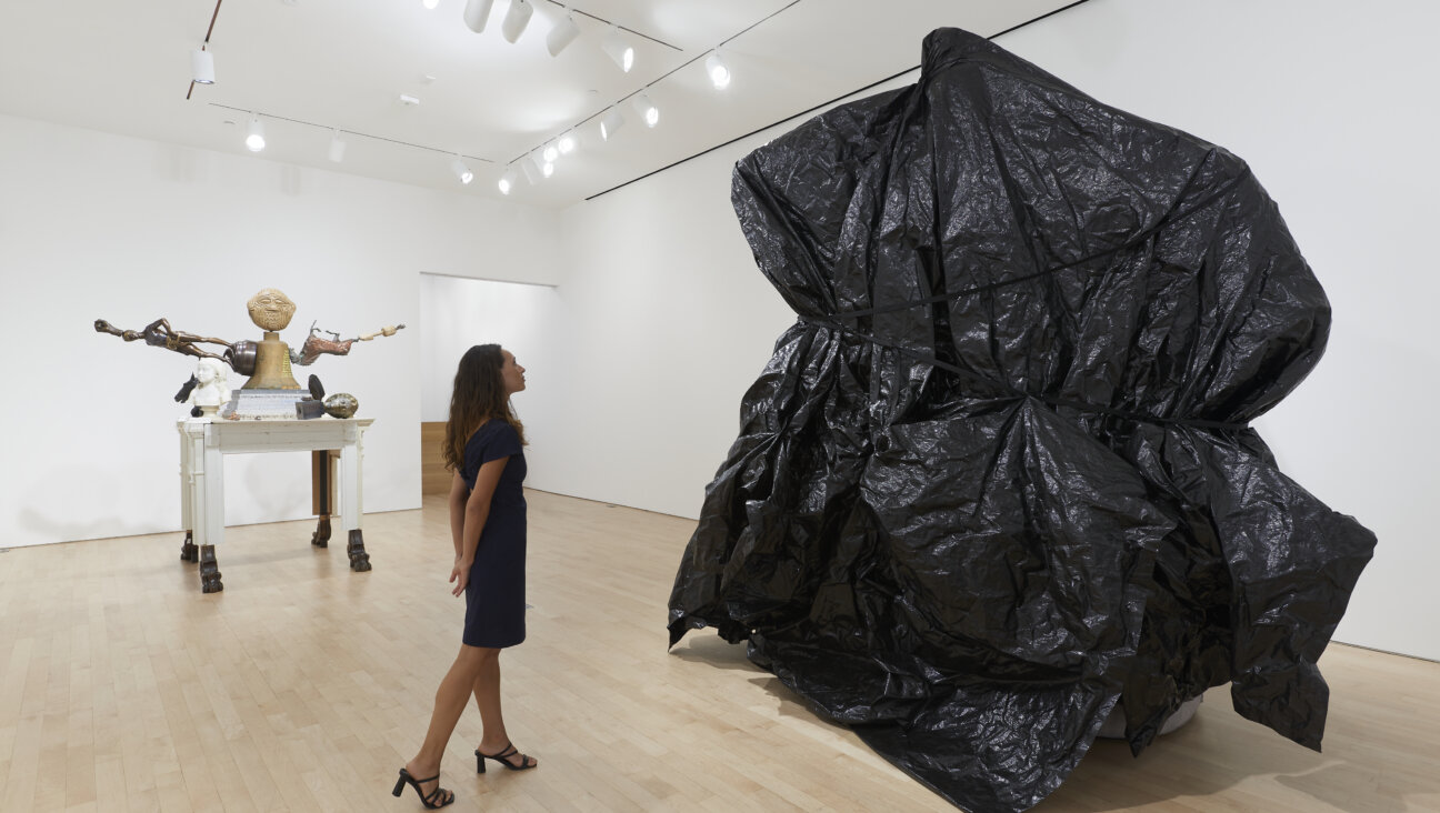 A gallerygoer contemplates Michael Rakowitz's <i>Behemoth</i> while his <i>American Golem</i> keeps watch.