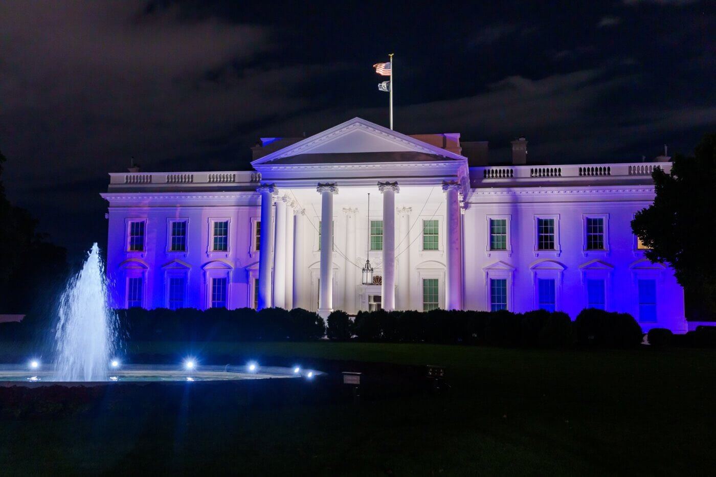 The White House draped in white and blue in honor of Israel on Oct. 9, 2023.
