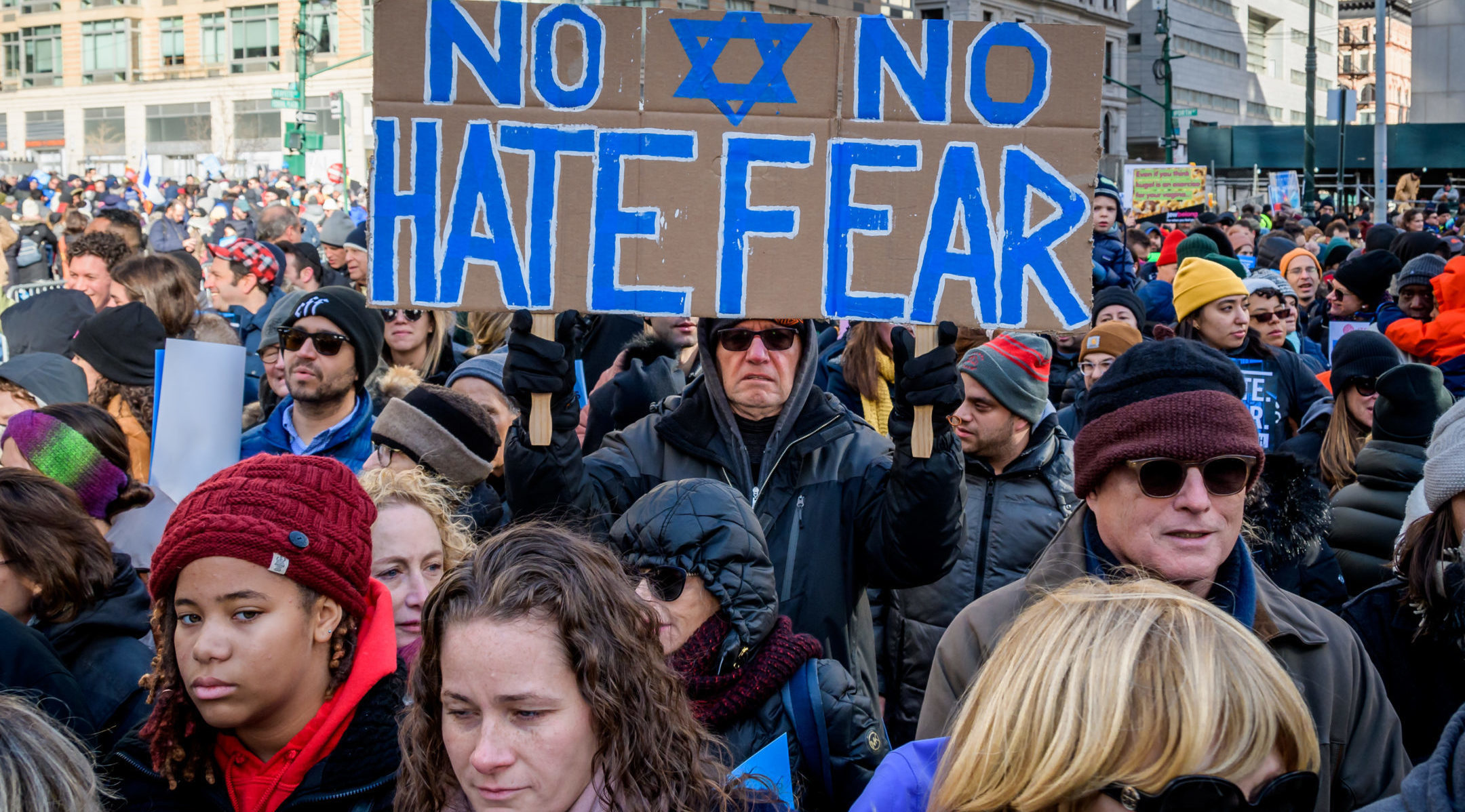 Thousands of New Yorkers convene at the “No Hate. No Fear” solidarity march against anti-Semitism in January 2020. The march followed a year in which attacks against Jews spiked. (Erik McGregor/LightRocket via Getty Images)