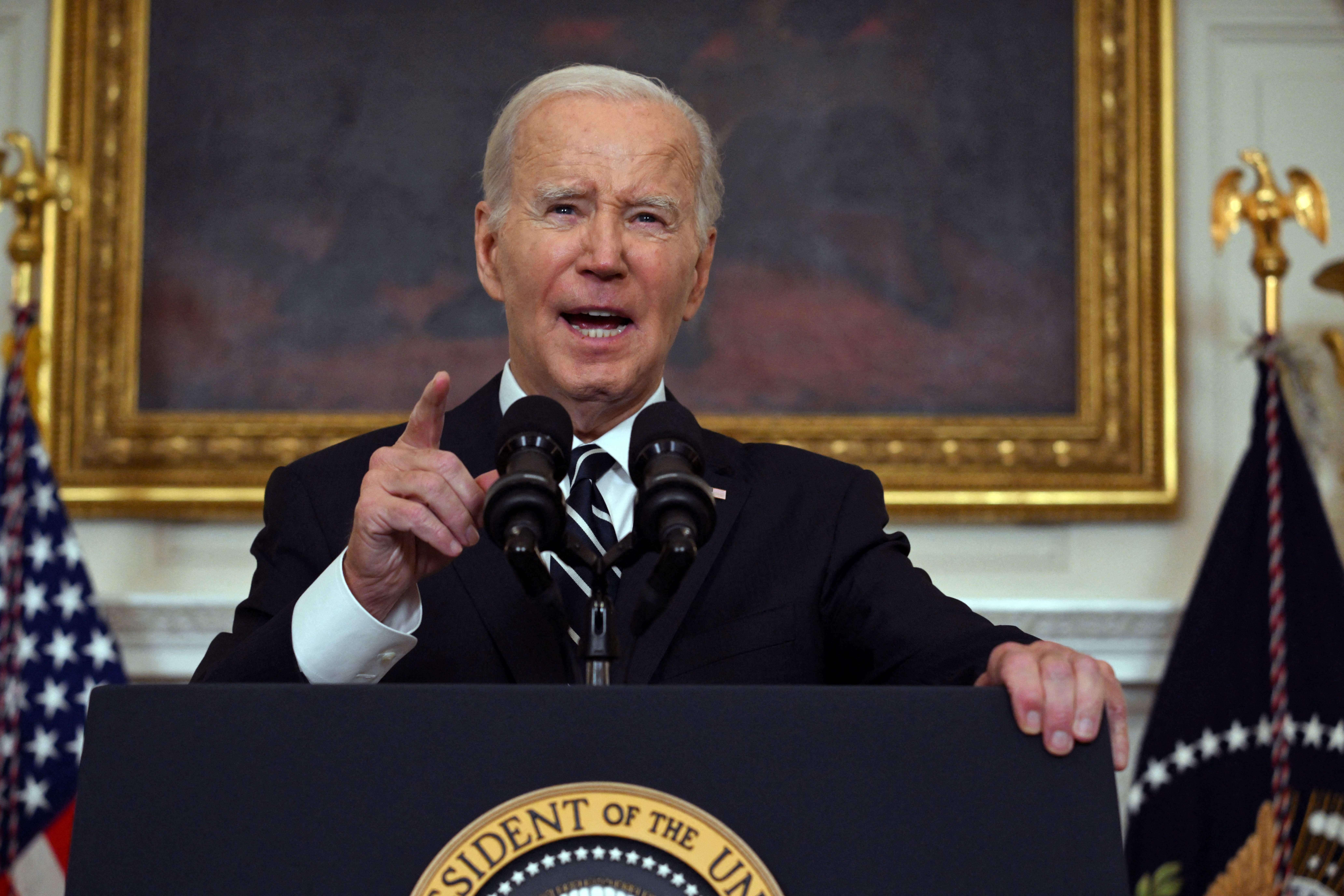 Joe Biden addresses the terrorist attacks in Israel from the State Dining Room of the White House on Oct. 7, 2023.