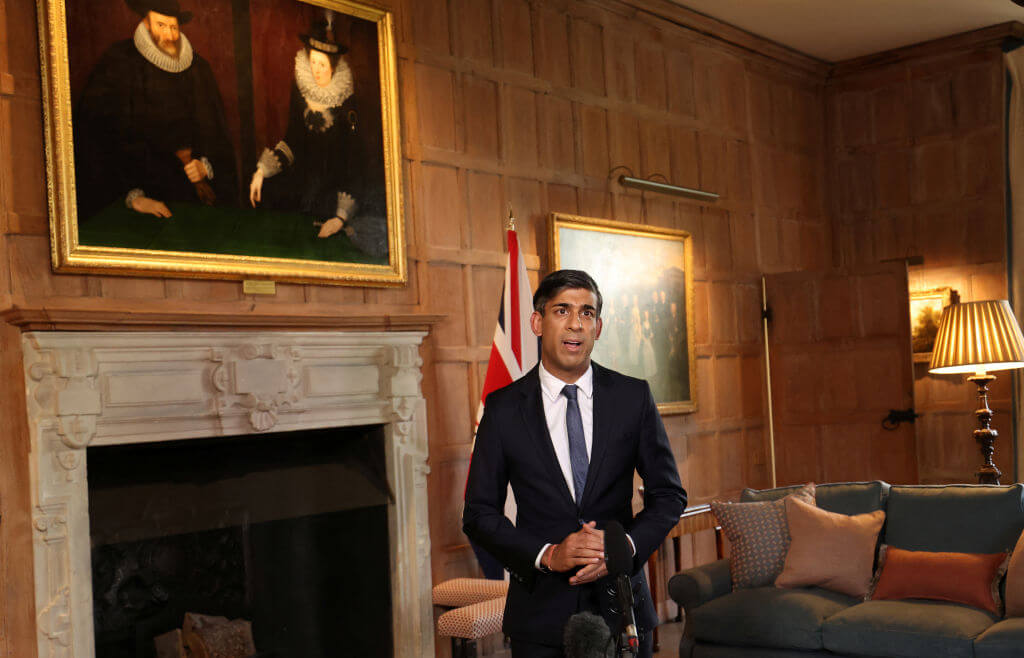tain's Prime Minister Rishi Sunak records a video message about the situation in Israel at Chequers, the official country residence of the Prime Minister, on October 8, 2023 in Aylesbury, England. 
