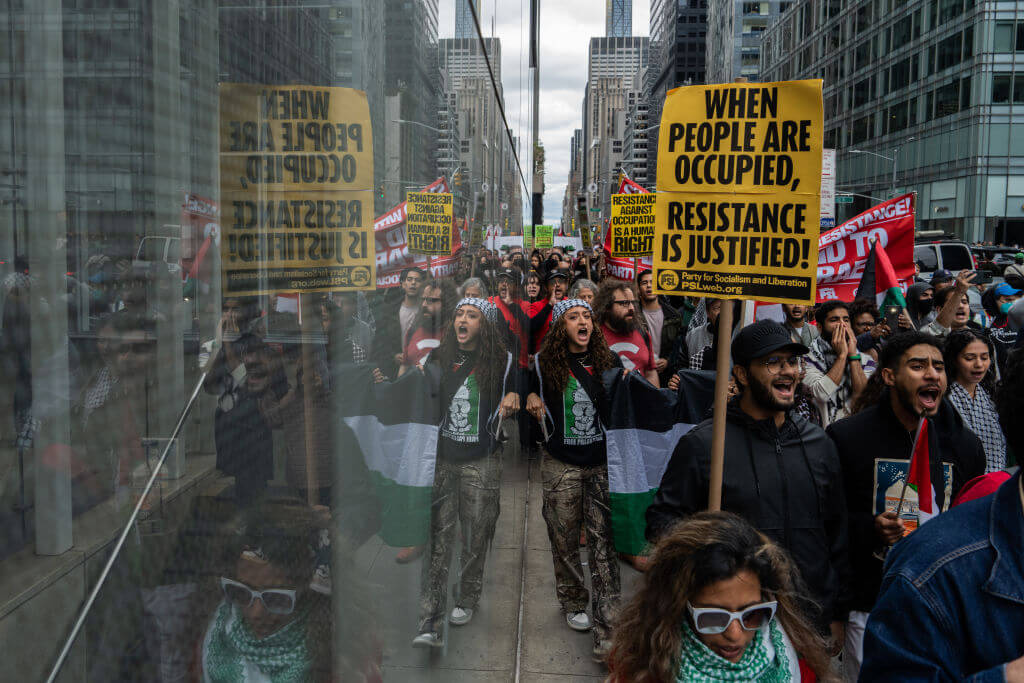 Pro-Palestinian demonstrators Demonstrators marched in New York's Times Square on October 8, 2023.