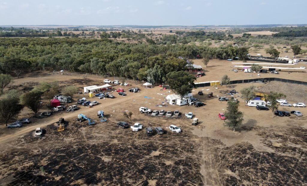 An aerial picture shows the abandoned site of the Oct. 7, 2023, attack on the desert music rave festival by Palestinian militants near Kibbutz Re'im in the Negev desert in southern Israel.
