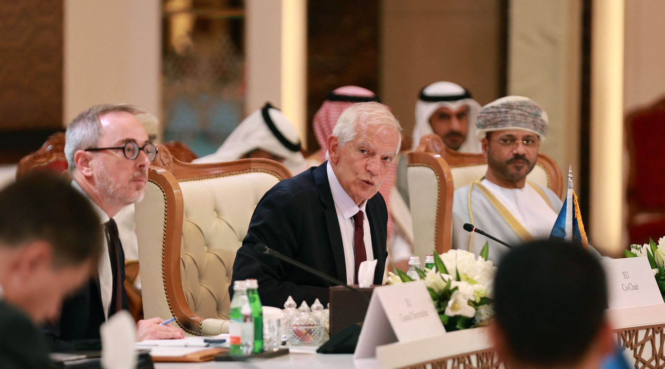 EU High Representative for Foreign Affairs and Security Policy Josep Borrell addresses the Joint Gulf Cooperation Council in Muscat, Oman, Oct. 10, 2023. (AFP via Getty Images)
