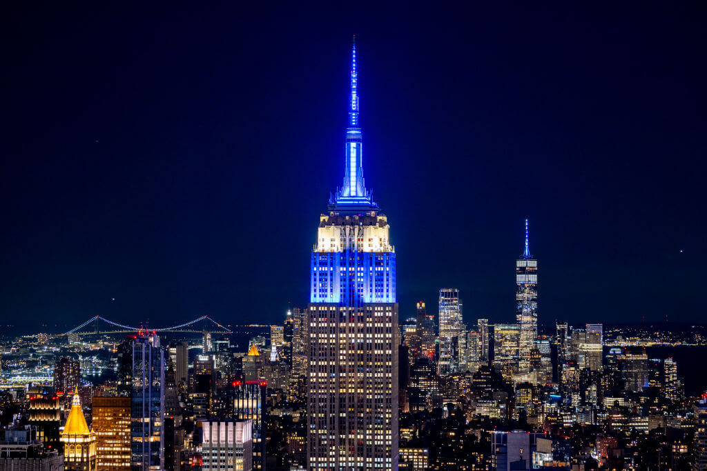 The Empire State Building is lit in blue and white in solidarity with Israel on October 07, 2023 in New York City.