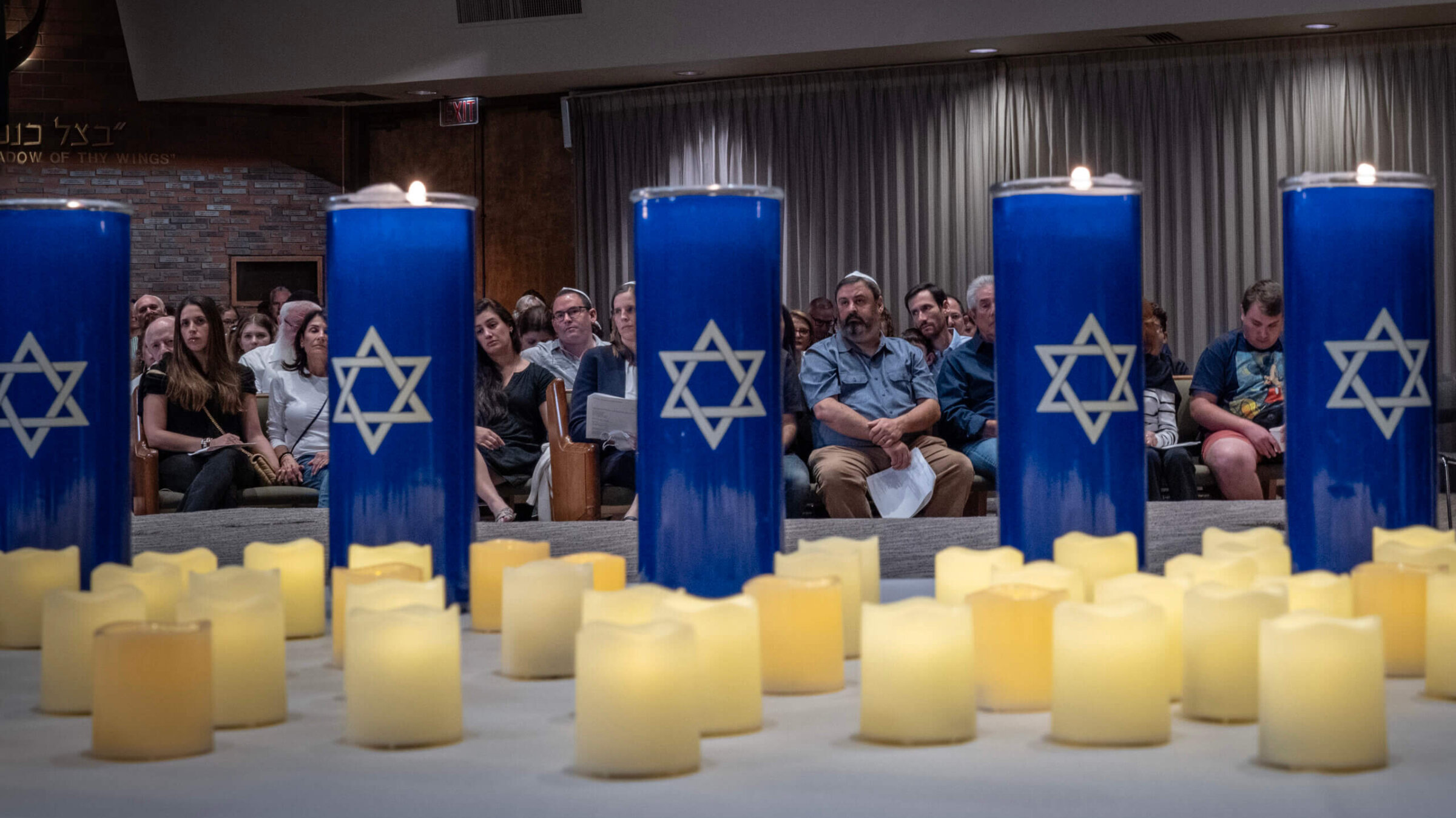 People attend a Sunday evening vigil amid the Israel-Hamas conflict at the Stephen Wise Temple  in Los Angeles, California.