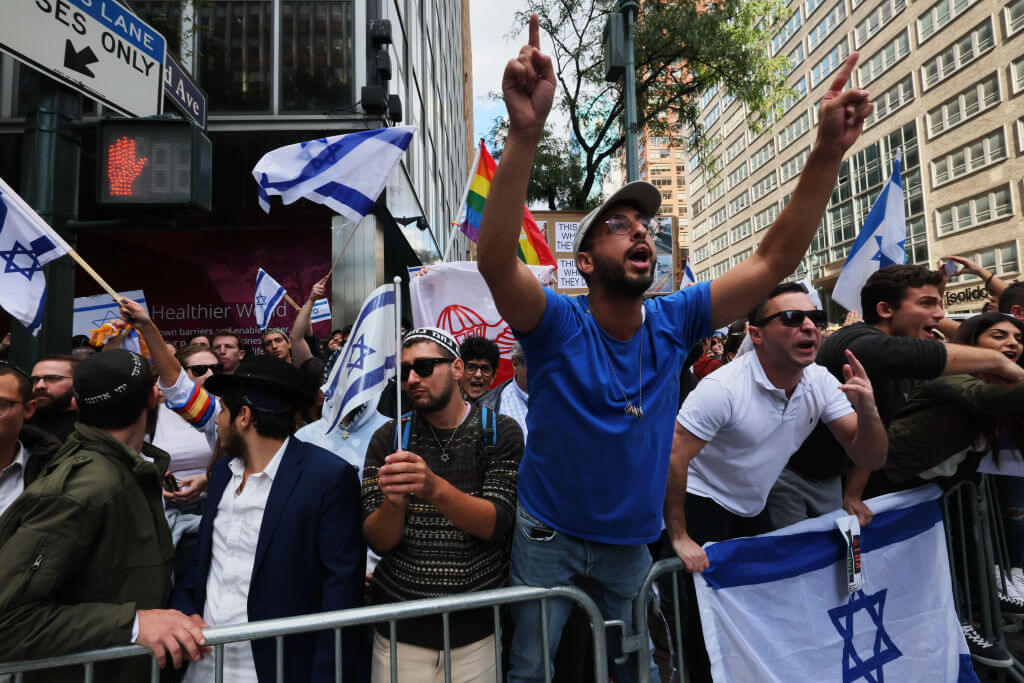 Pro-Israel supporters at a counter-protest in New York City on Oct. 9, in the wake of Hamas terrorist attacks in Israel. 