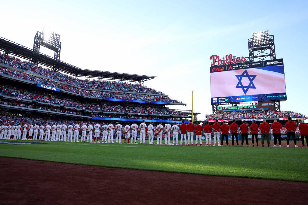 Players and fans stood for a moment of silence for Israel at the Phillies-Braves game on Oct. 11, 2023, in Philadelphia.