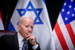 President Joe Biden joins Israel's Prime Minister for the start of the Israeli war cabinet meeting, in Tel Aviv on October 18, 2023.