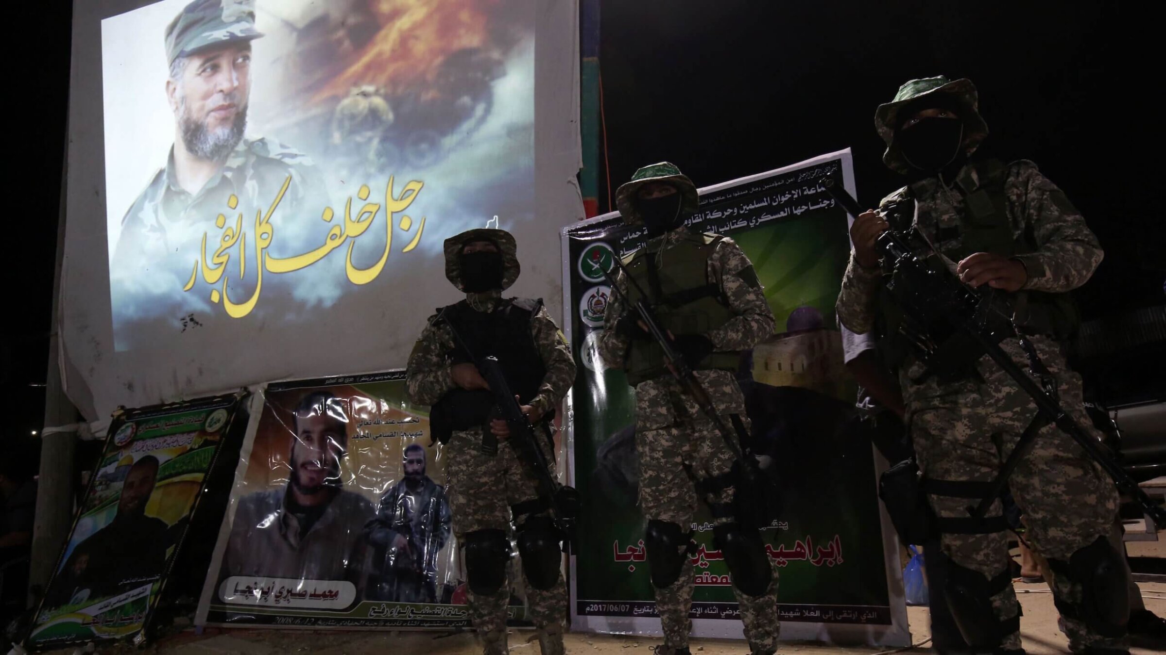 Fighters from the Ezzedine al-Qassam Brigades, the armed wing of the Palestinian Hamas movement, attend a memorial service in the Gaza Strip in 2017.  