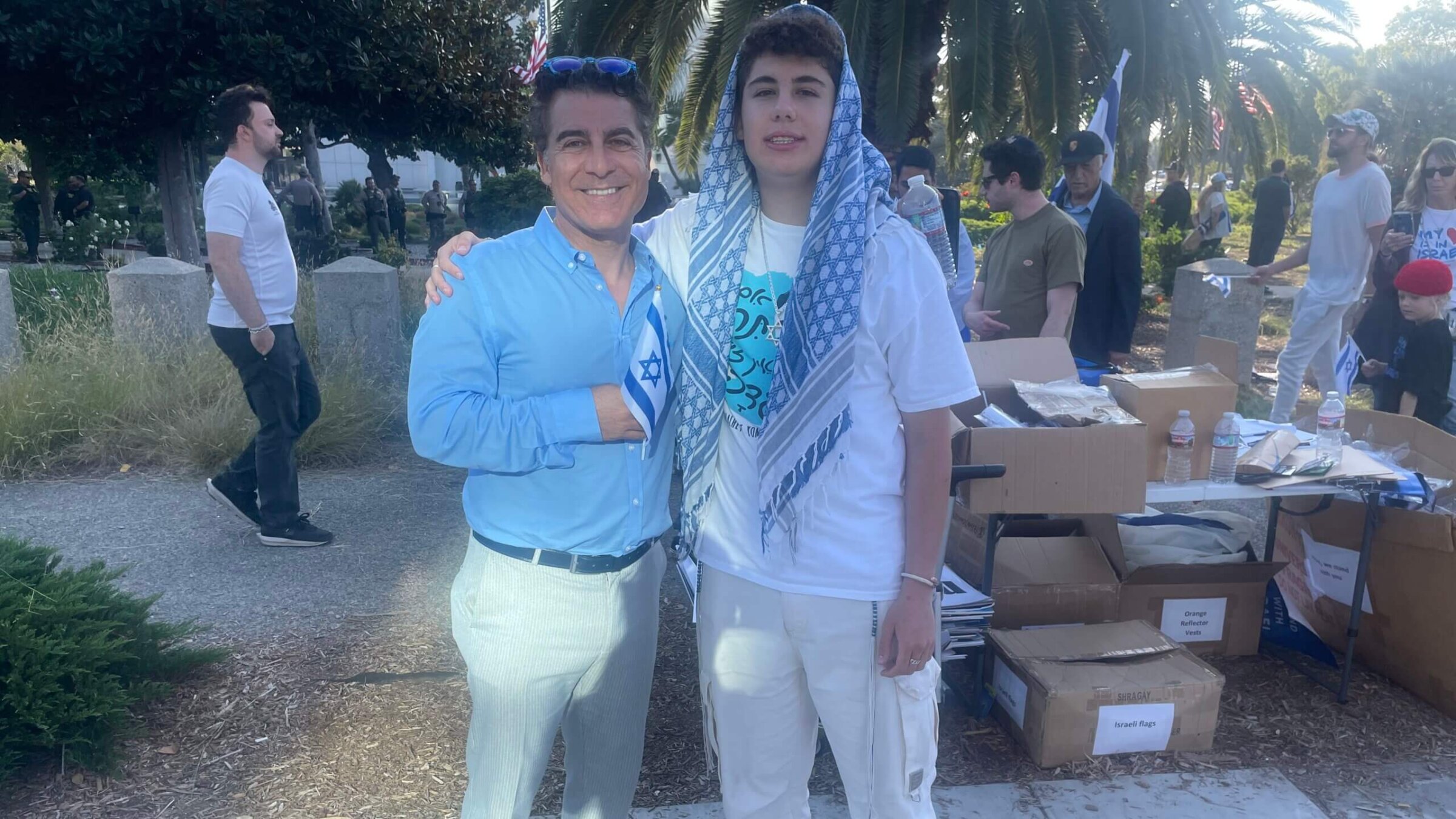 Gal Ben-Naim and his son Ari at an Israel rally in West Los Angeles. Ari's older brother David is a lone soldier in the IDF.