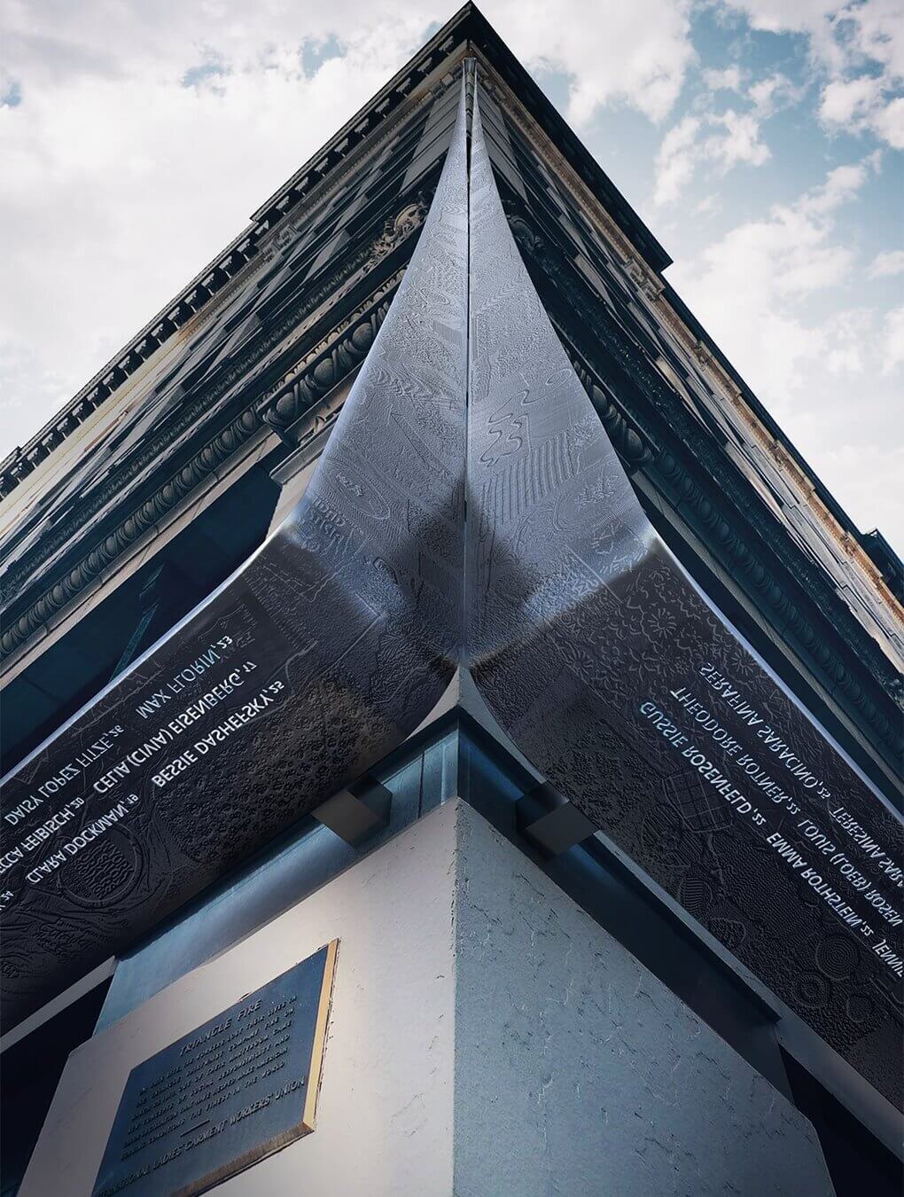 A rendering shows the new memorial, a steel ribbon that spans nine floors of the former Triangle Shirtwaist factory building. 