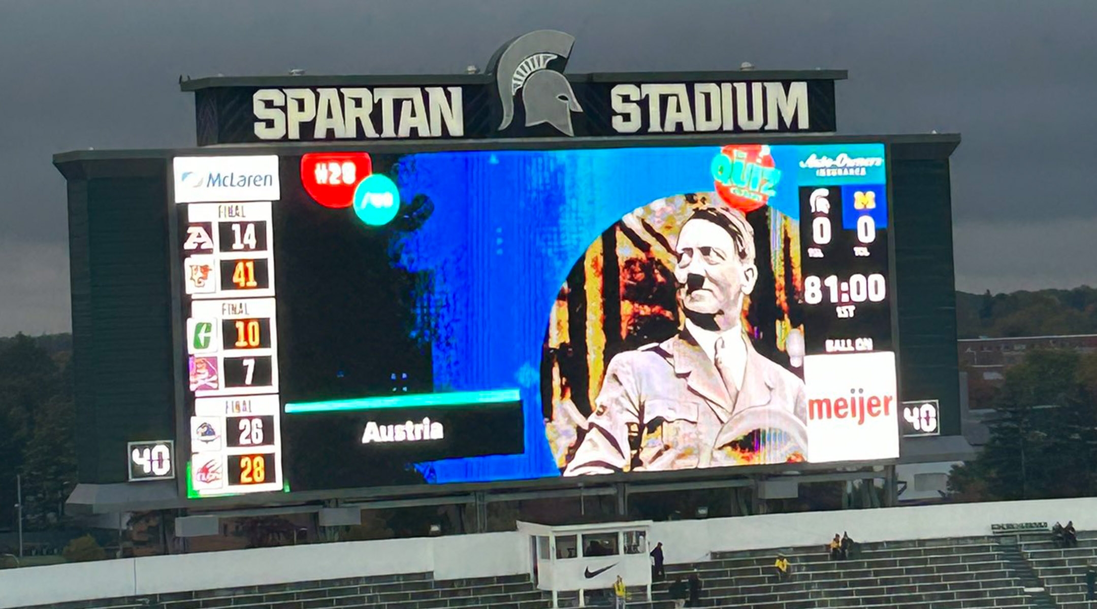 Michigan State University displayed an image of Adolf Hitler as part of a trivia quiz prior to a football game, Oct. 21, 2023. (Alexander Haenke/X)