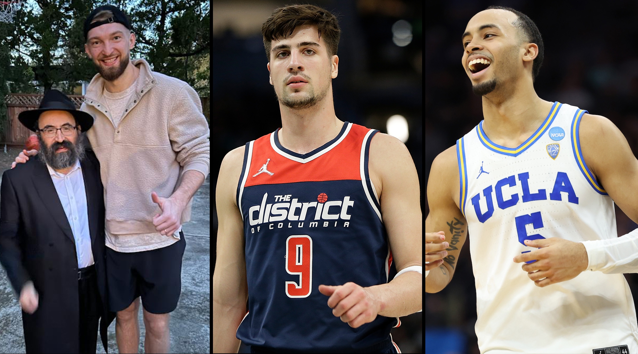 From left: Domantas Sabonis (posing with Rabbi Mendy Cohen), Deni Avdija and Amari Bailey. (Courtesy of Chabad of Sacramento; Getty Images)