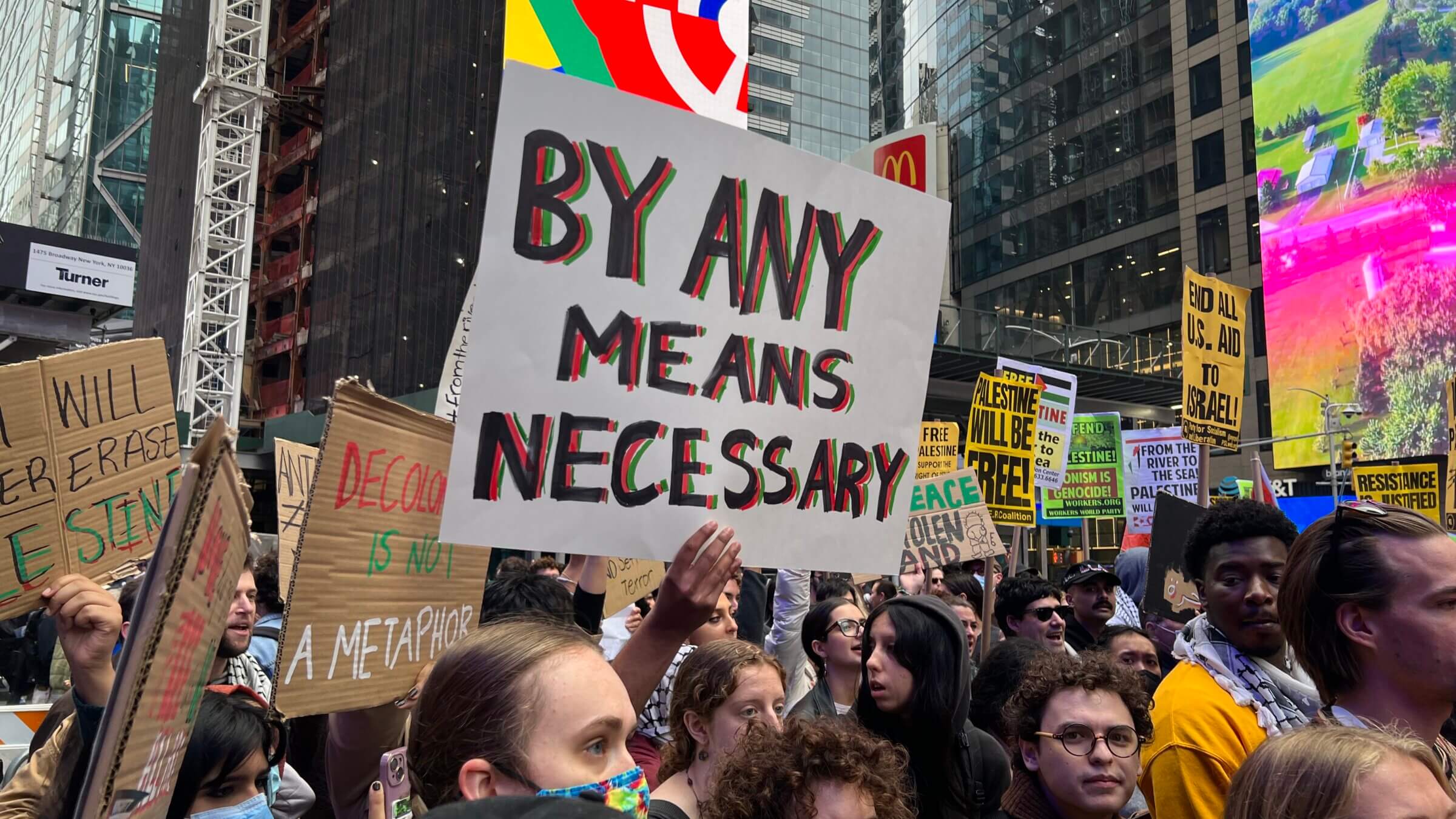 Anti-Israel protesters gather in Times Square in New York City on Oct. 8, 2023.