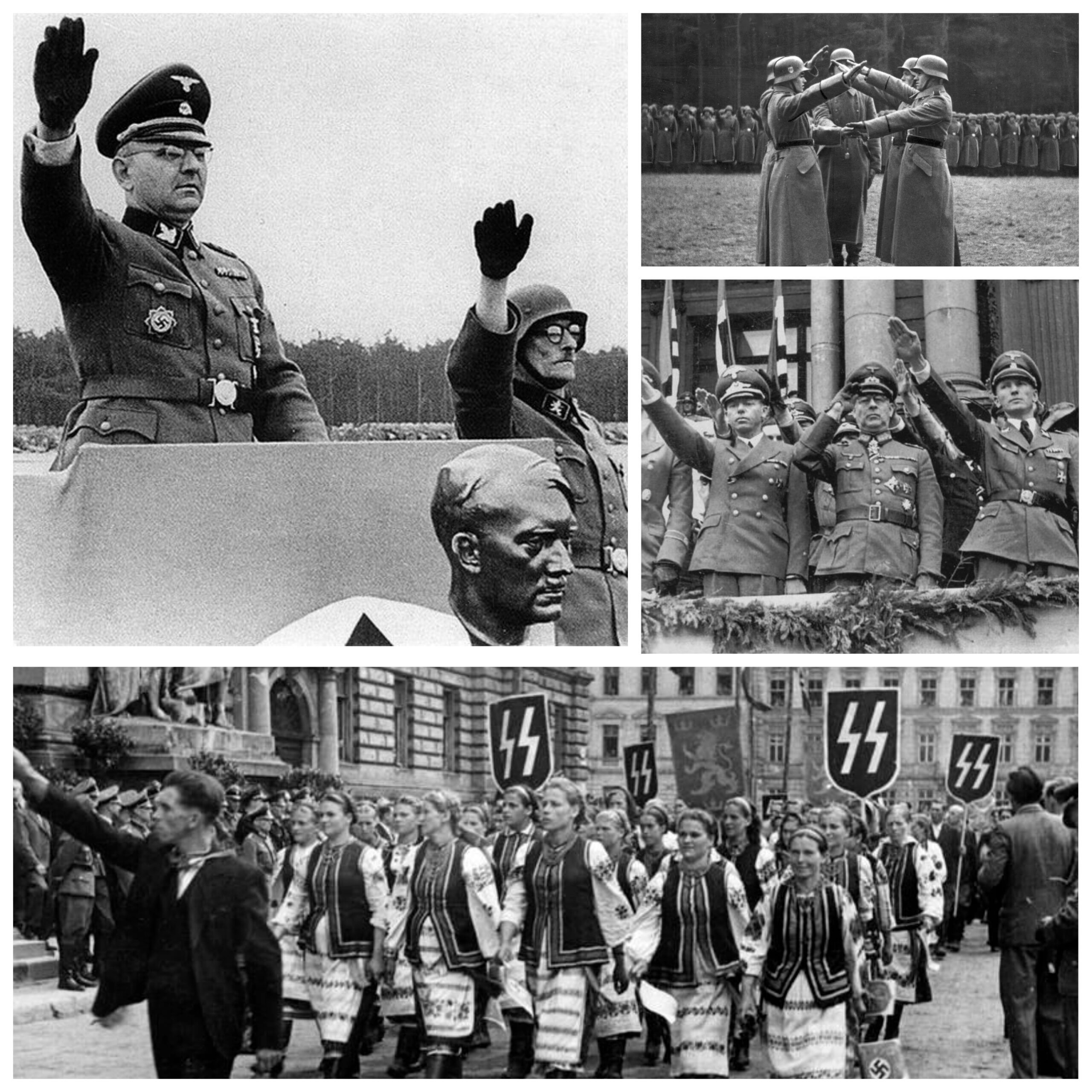 Top left: Cremony held by the 14th Waffen Grenadier Division of the SS Galichina with commander SS-Brigadeführer Fritz Freitag (left) and division cofounder SS-Hauptsturmführer Dmytro Paliiv (right); Top right: uniformed SS Galichina troops swearing oath. Middle right: Nazi brass including Fritz Freitag (middle) and SS-Gruppenführer Otto Wächter (right) reviewing a parade celebrating SS Galichina recruits about to ship out for training, L'viv, July 16, 1943. Wächter, who played an instrumental role in creating SS Galichina, was intimately involved in perpetrating the Holocaust. Bottom: additional L'viv parade footage.