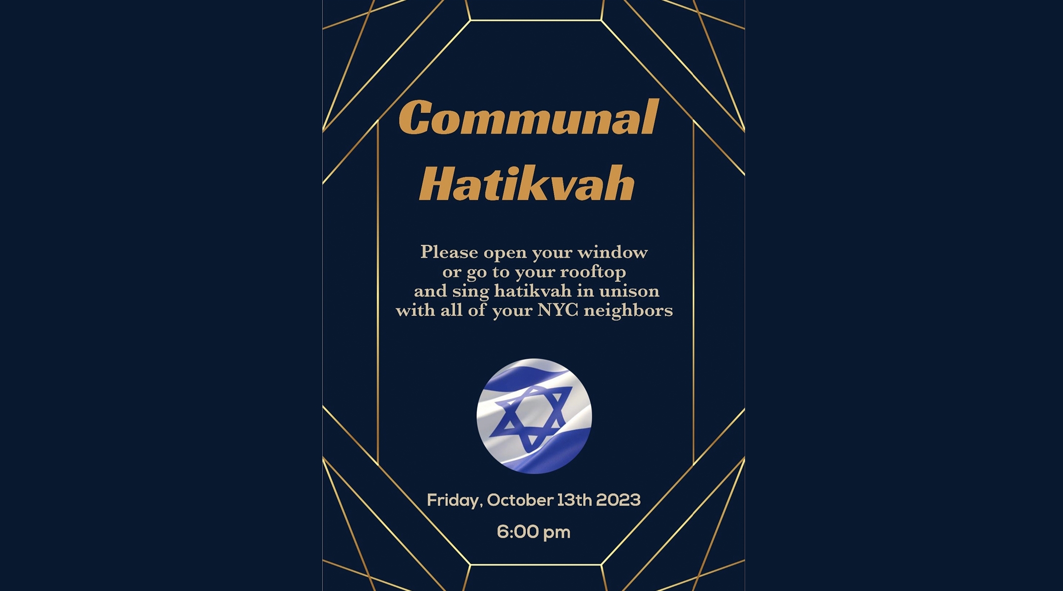 The flier invites New Yorkers to sing Hatikvah from their balconies on Friday evening at 6 p.m. (Julia Gergely)